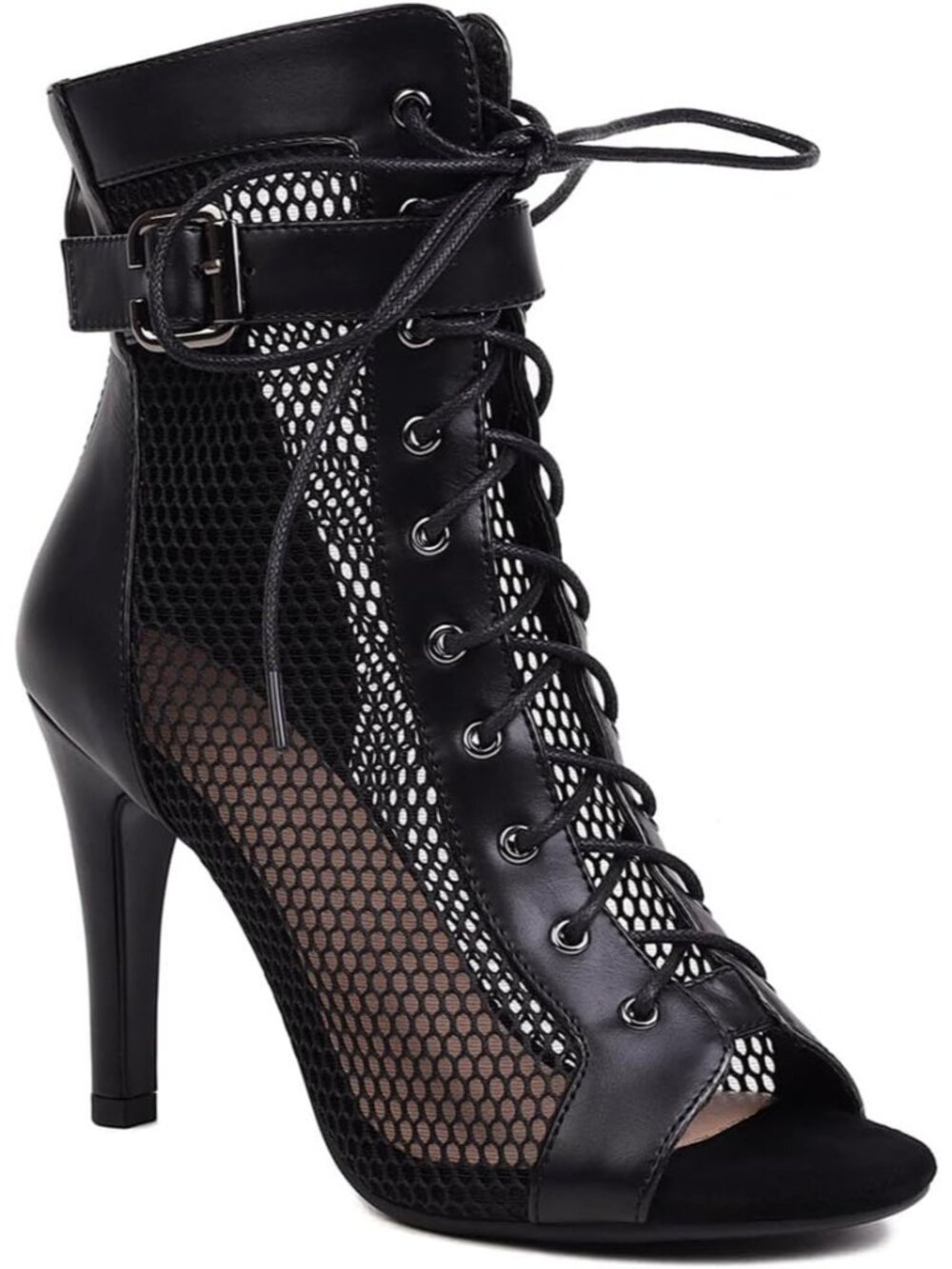 Women's Black Mesh Sandals Peep Toe High Top Sandals Lace Up Buckle Strap Heels